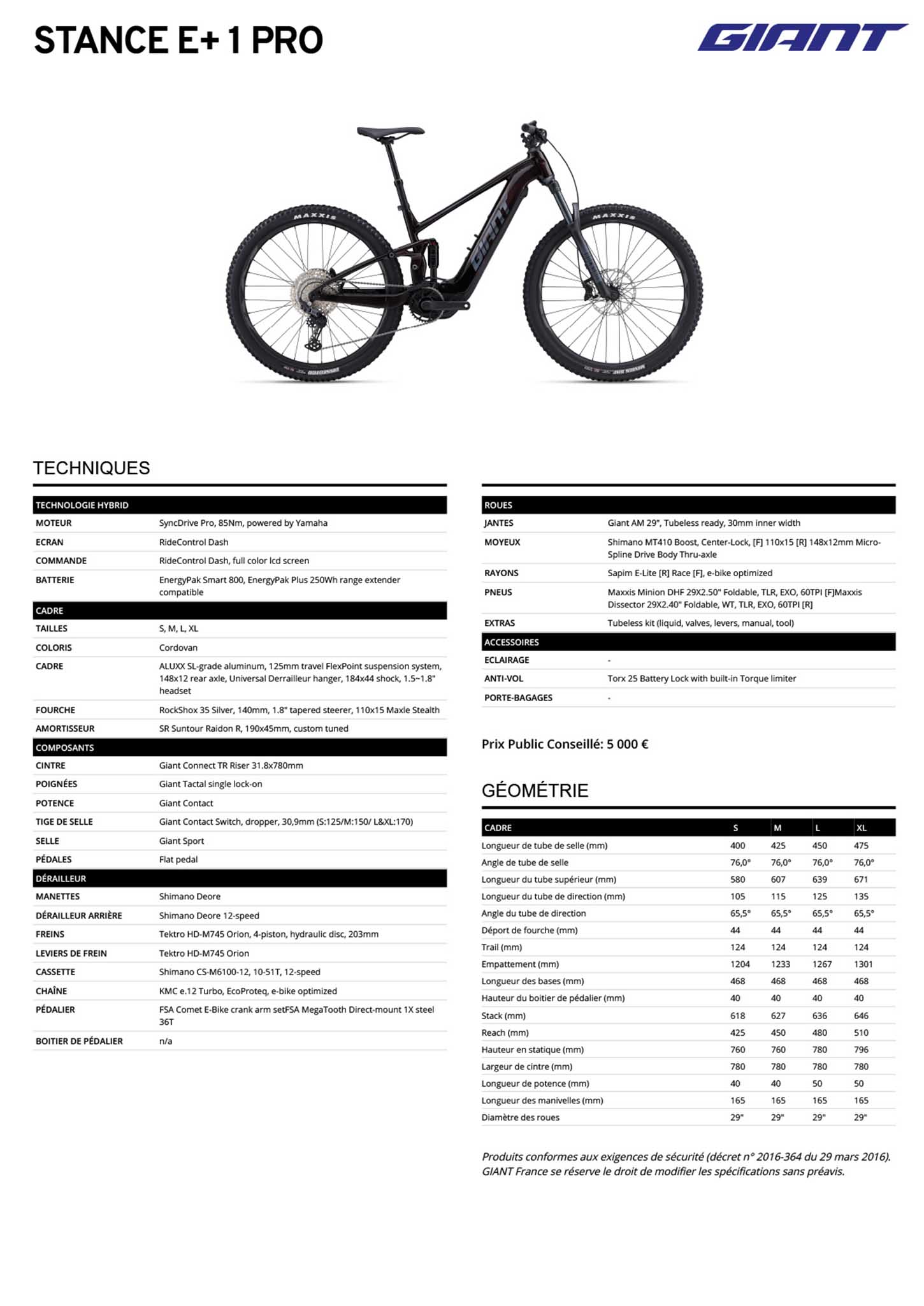 Fiche technique du velo électrique Stance E+ 1 Pro Année 2023